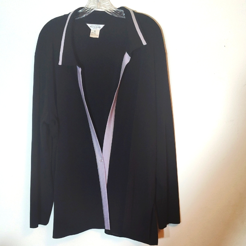 Misook Black Knit Cardigan with Purple Accents